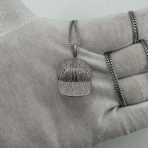 925 Sterling Silver White Gold Dipped Iced Baseball Cap Pendant CZ 11g